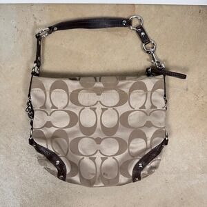 Coach Signature C Monogram Shoulder Bag Khaki Brown Leather Trim Silver Hardware